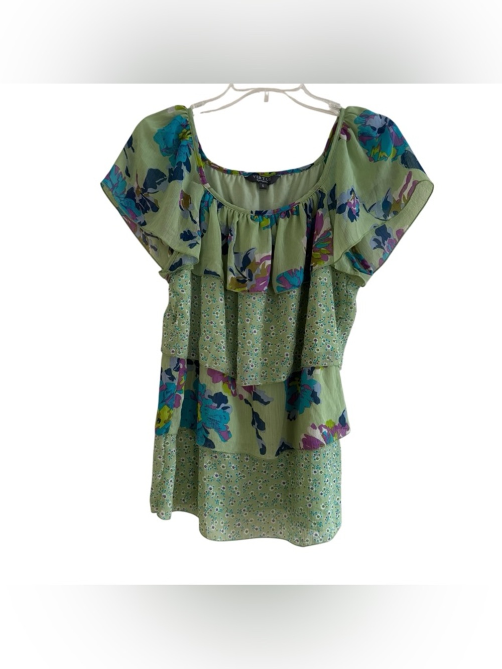 Y2K Virtue Green Floral Tiered Tunic Top Fairy Cottagecore Romantic Botanical S
